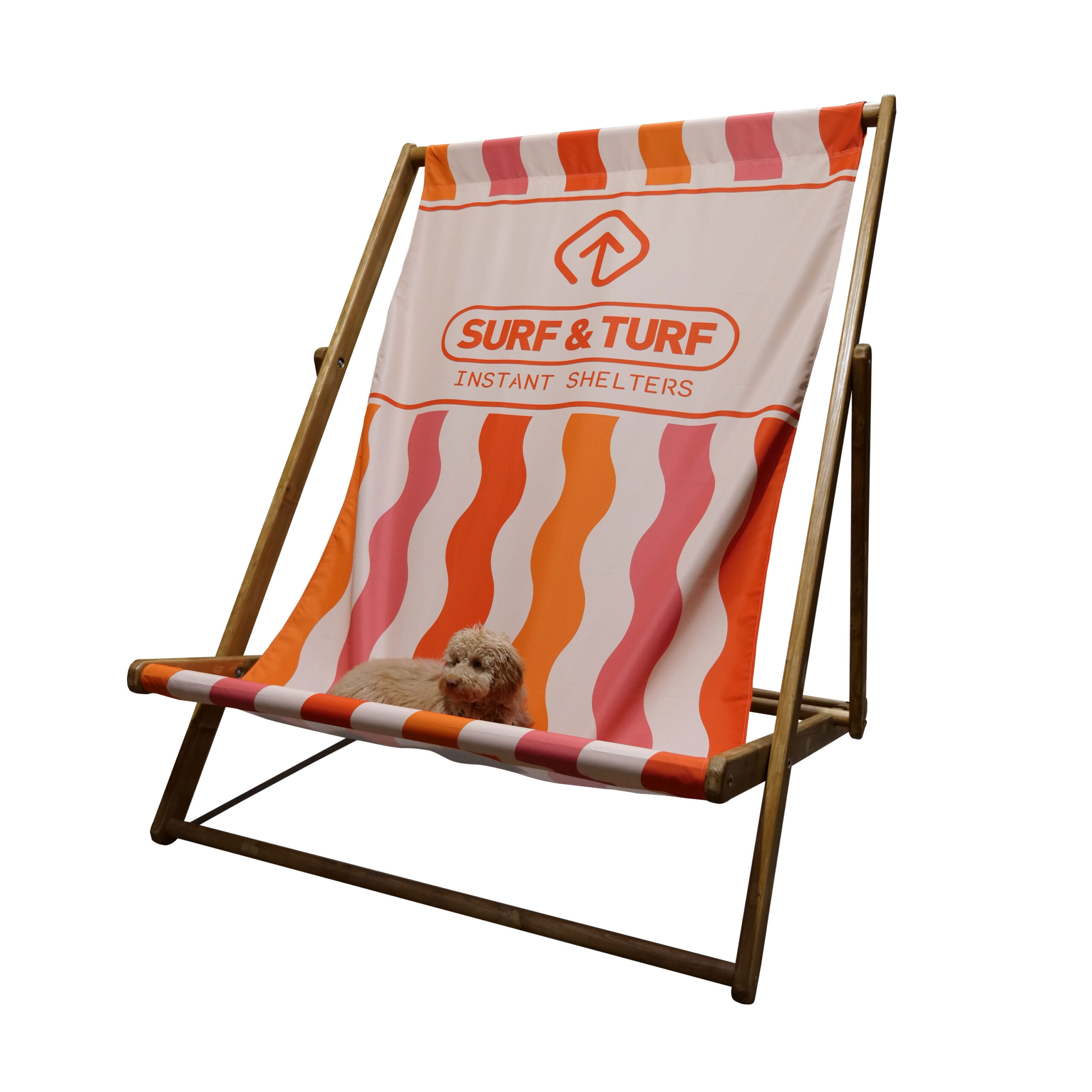 Dog sitting on giant custom printed deckchair for outdoor advertising and events, front view