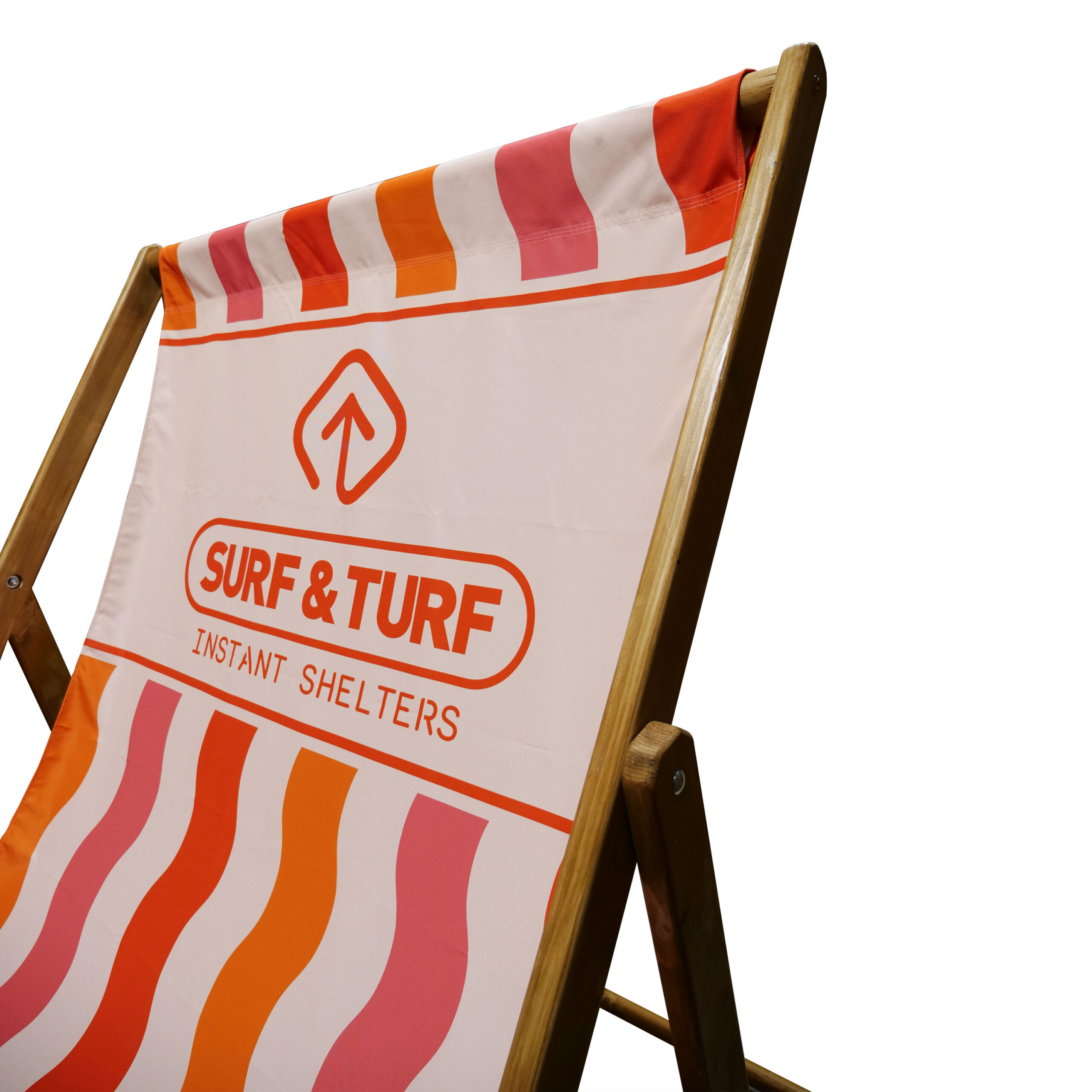 High-resolution close-up of full-colour custom branding print on the durable polyester fabric of the Giant Deckchair.