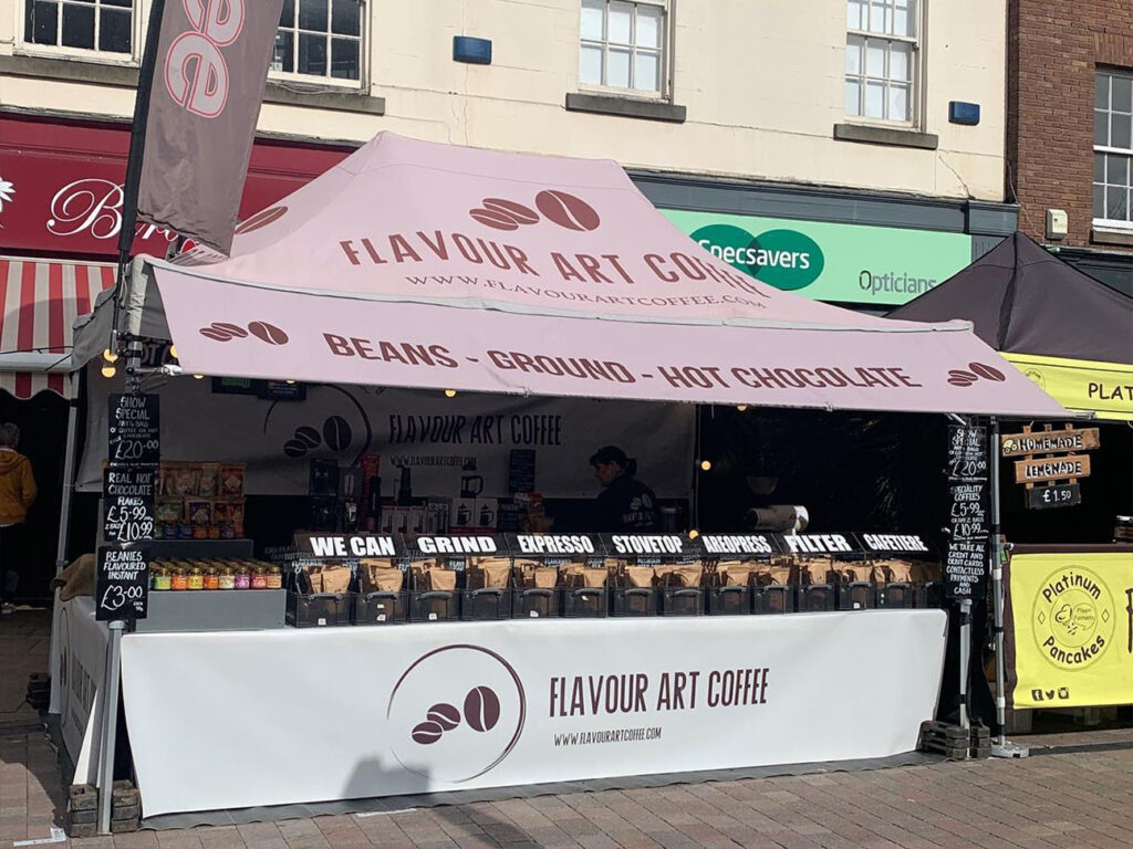 pop up coffee gazebo with 4.5m rain awning and custom printing