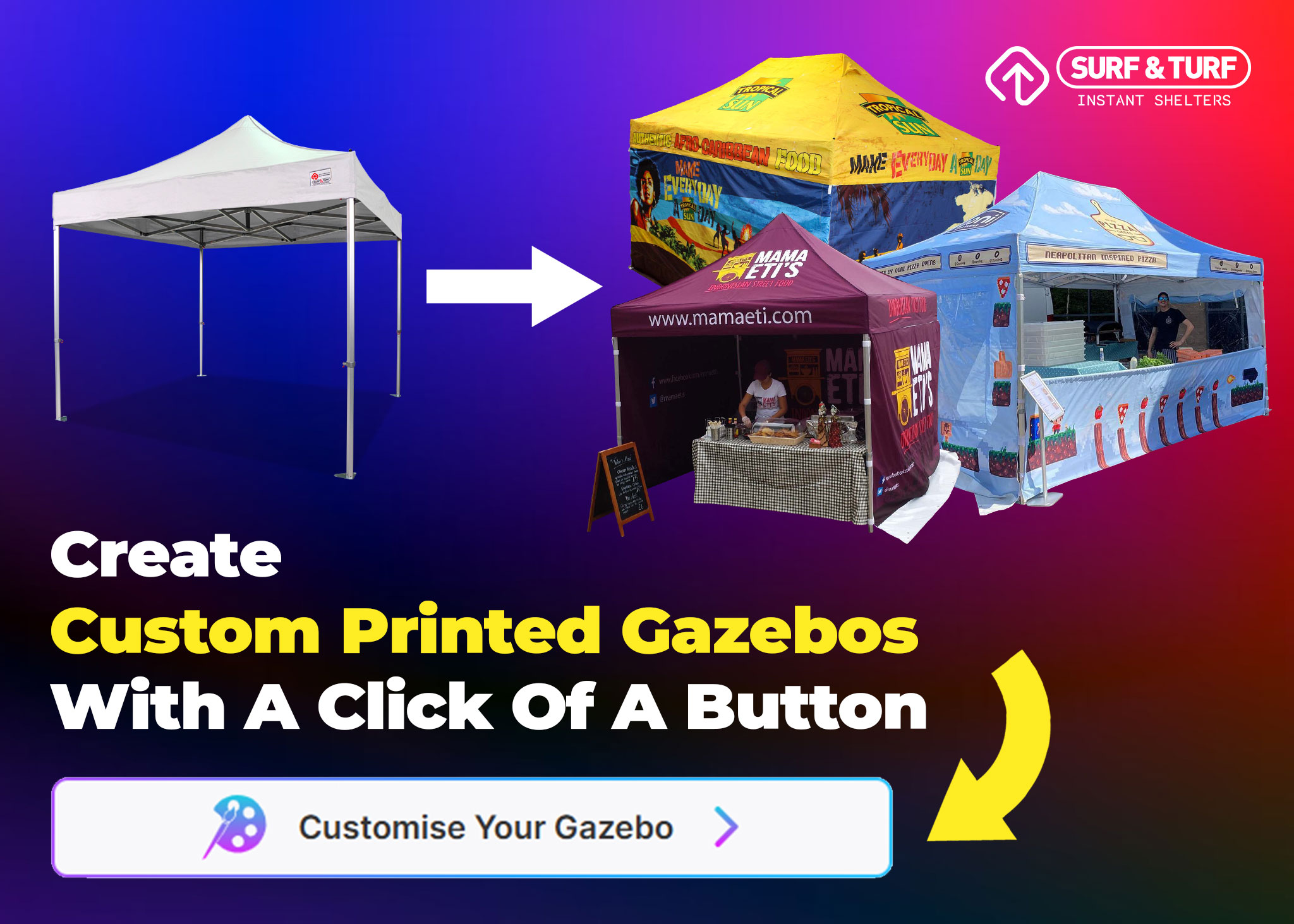 Surf & Turf custom printed pop-up gazebos showing branded canopy and side wall printing created using the online Gazebo Customiser