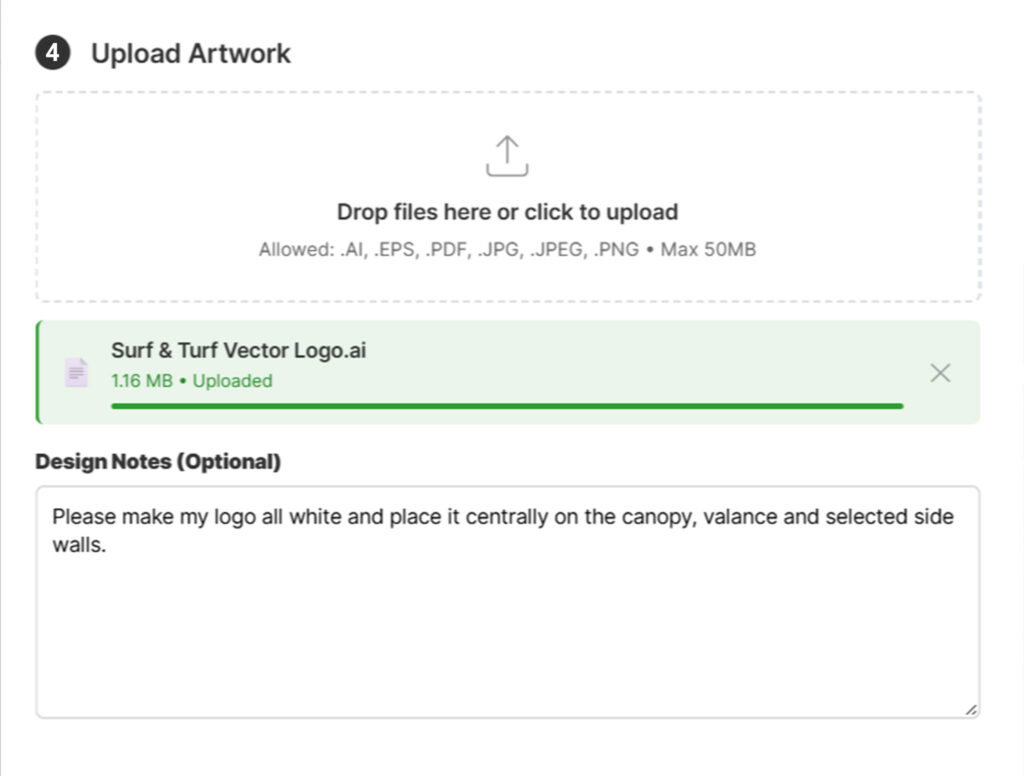 Surf & Turf Gazebo Customiser artwork upload screen showing drag and drop file uploader and design notes box
