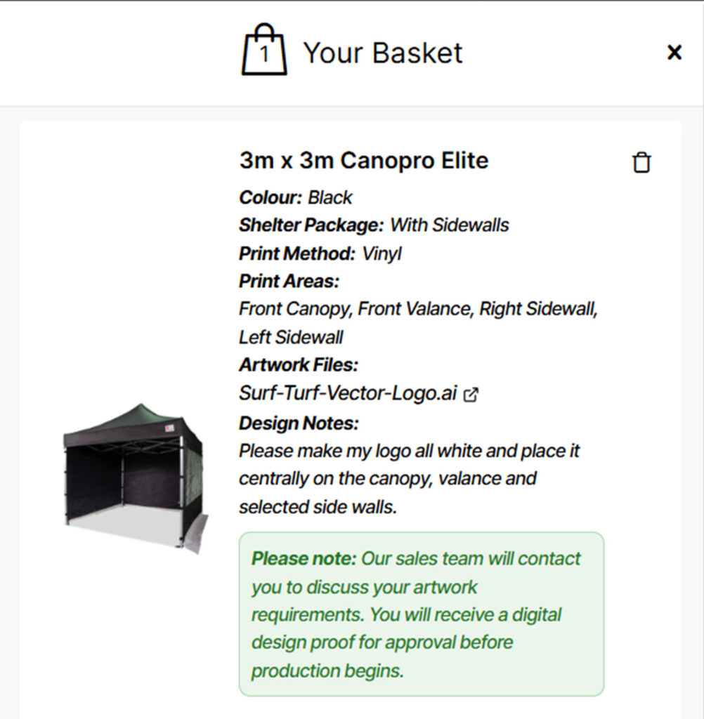 Surf & Turf checkout page showing custom printed gazebo order and design proof notice