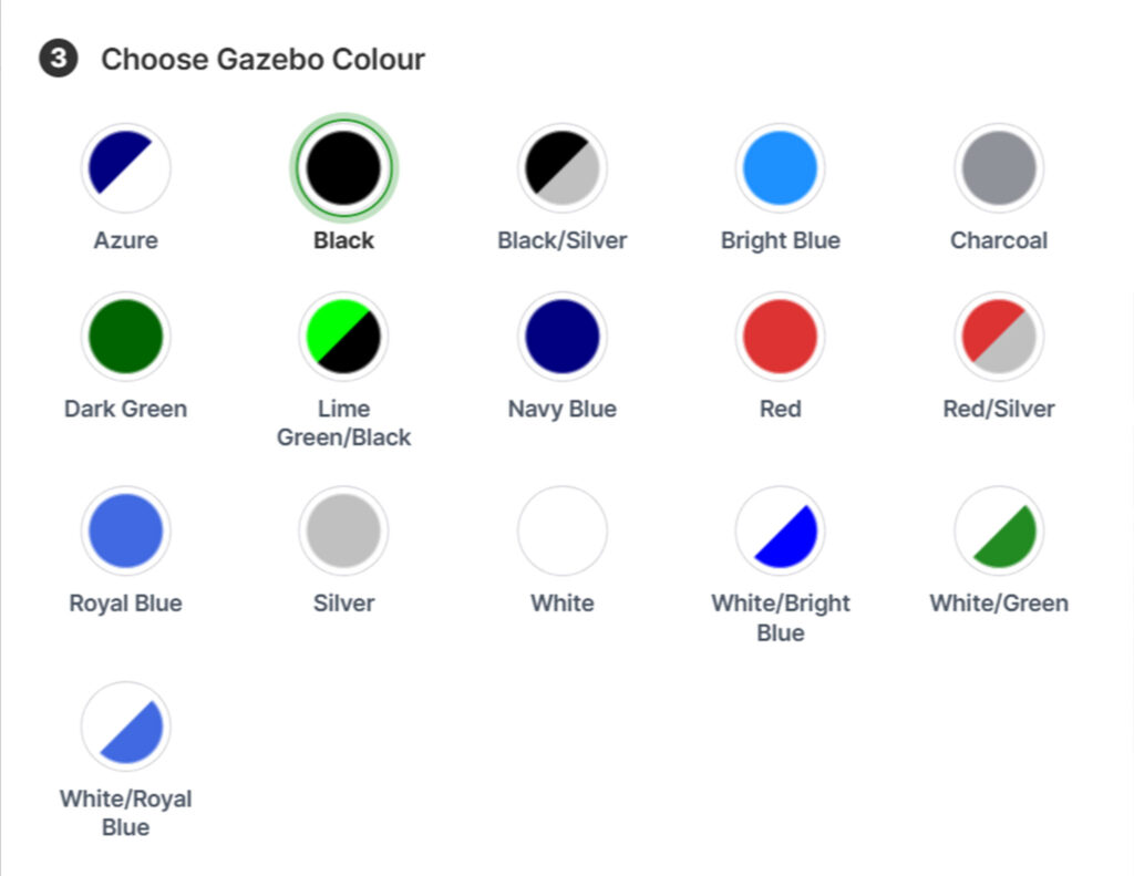 Surf & Turf Gazebo Customiser stock colour selector for vinyl heat transfer printed gazebos