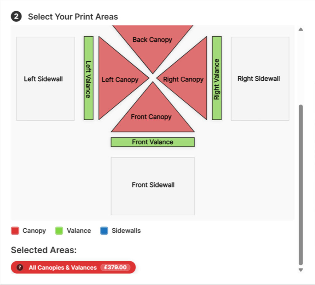 Gazebo Customiser flat-lay view for dye-sublimation orders showing canopy and valance selected as a complete set