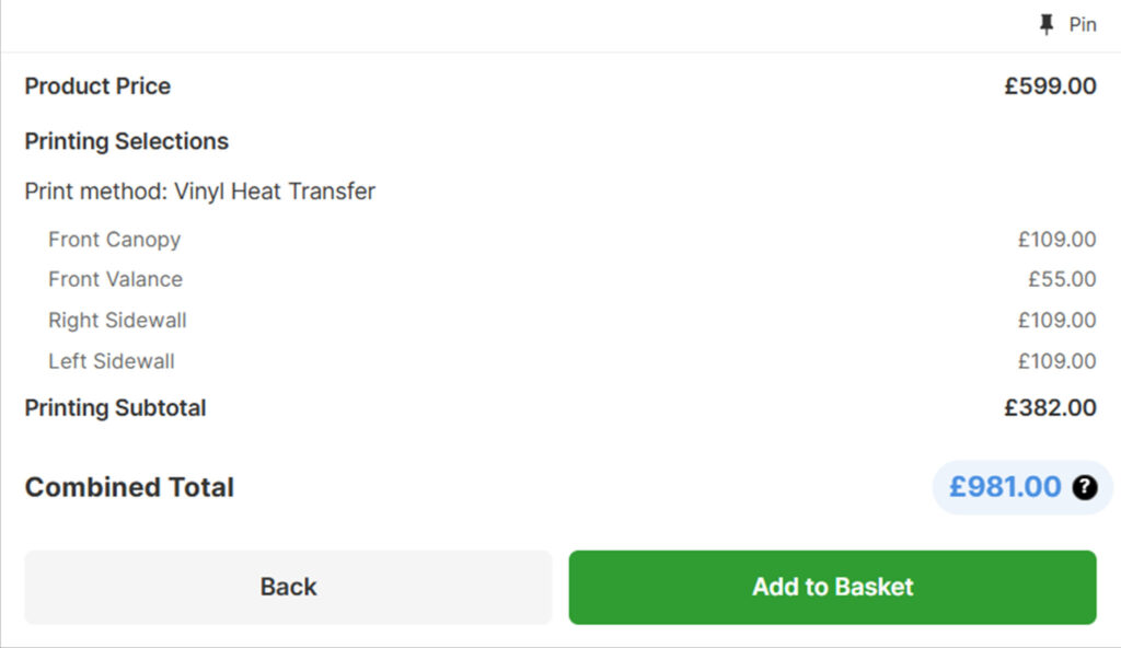 Gazebo Customiser price breakdown tooltip showing product price printing subtotal and order total