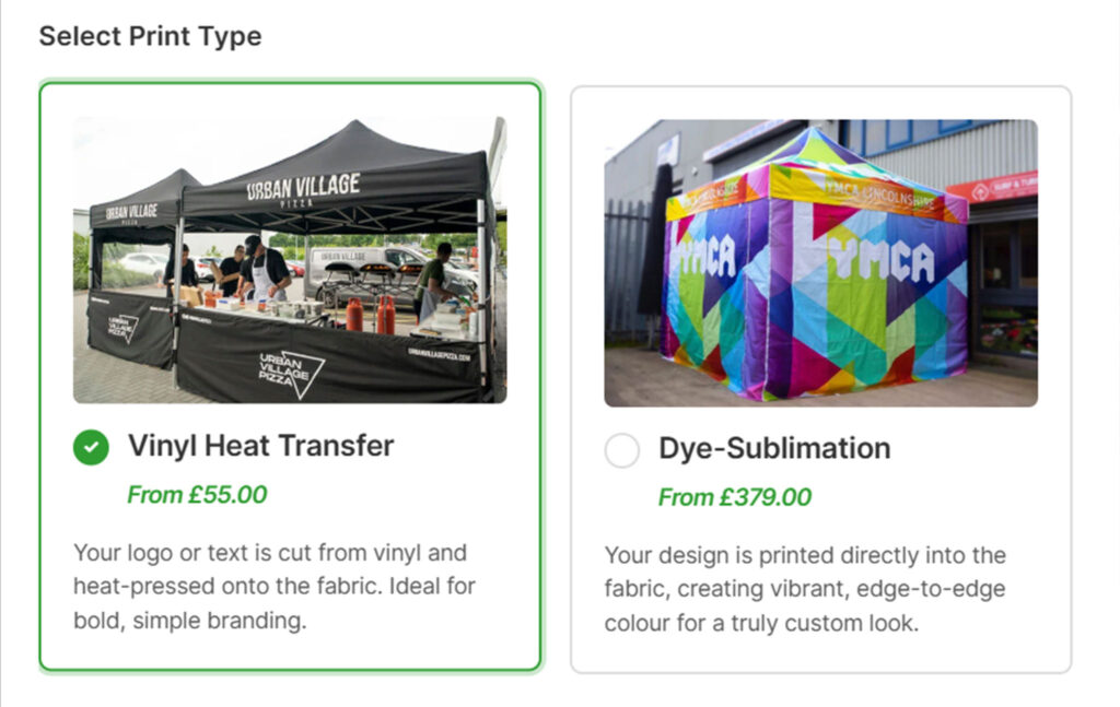 Surf & Turf Gazebo Customiser showing vinyl heat transfer and dye-sublimation print method options