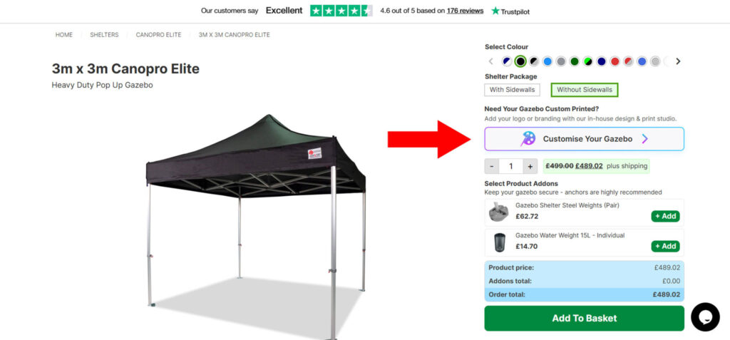 Surf & Turf gazebo product page showing the Customise Your Gazebo button